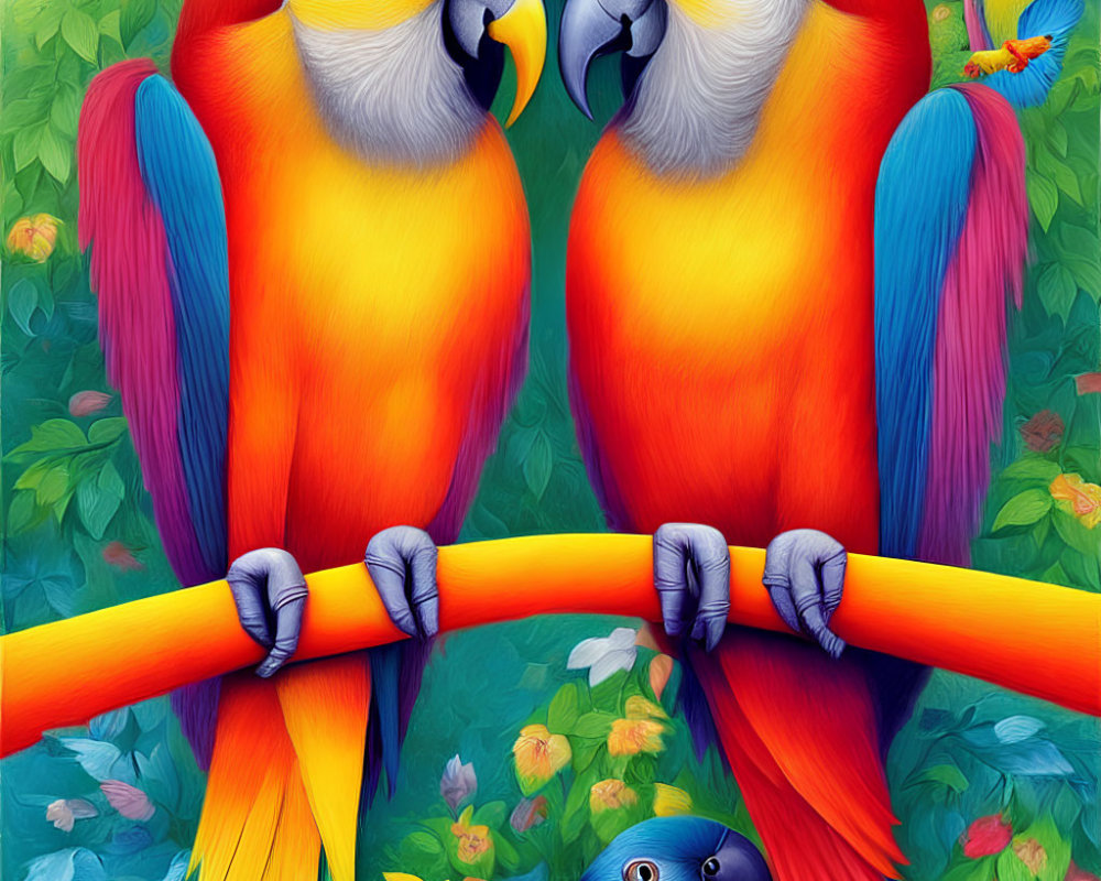 Colorful Parrots Perched on Branch with Green Foliage