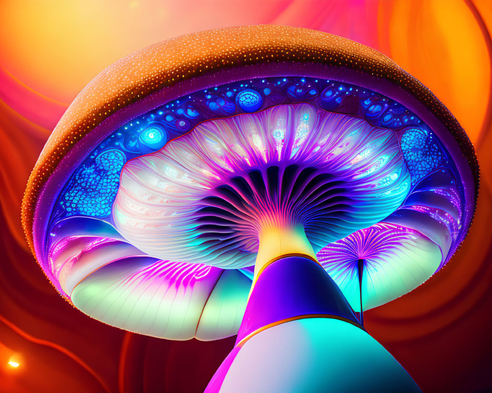 Colorful digital illustration of glowing blue underside mushroom on textured cap against sunlit backdrop