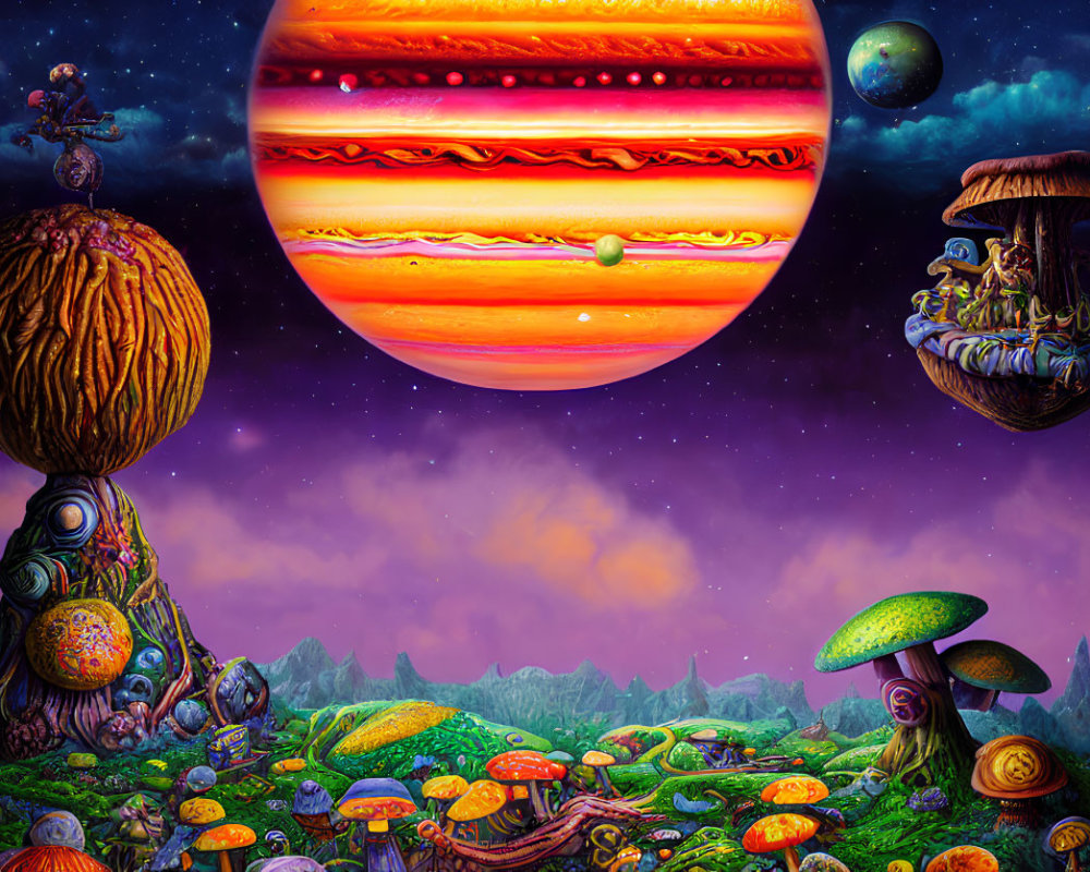 Colorful psychedelic landscape with mushroom structures, planet, and spaceman.