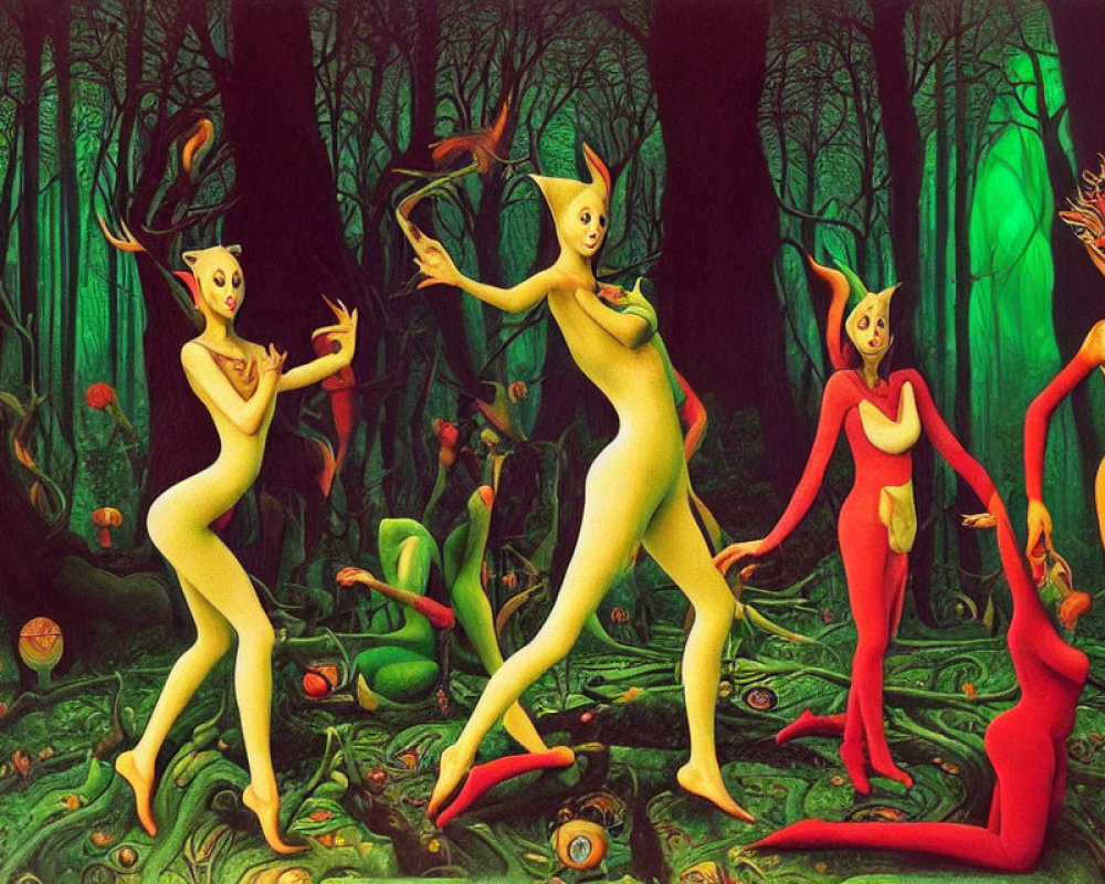 Surreal Artwork of Twisted Figures in Green Forest