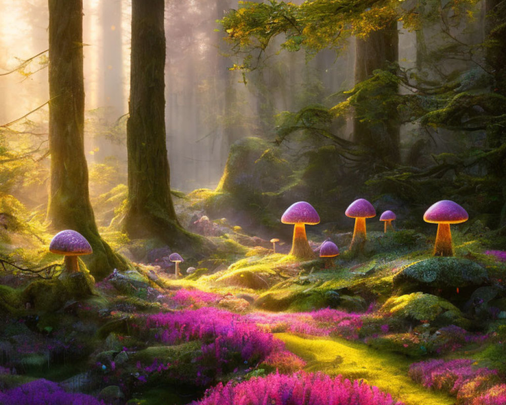 Enchanted forest with giant luminescent mushrooms and vibrant purple flora