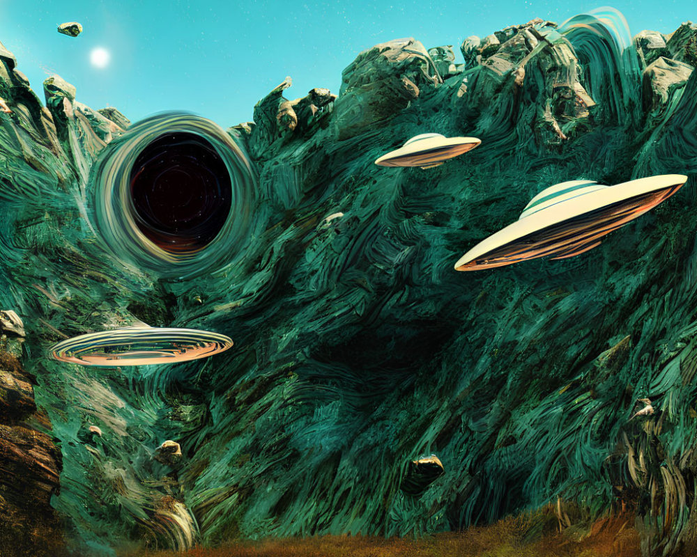 Surreal landscape with green rock formations, flying saucers, and black hole