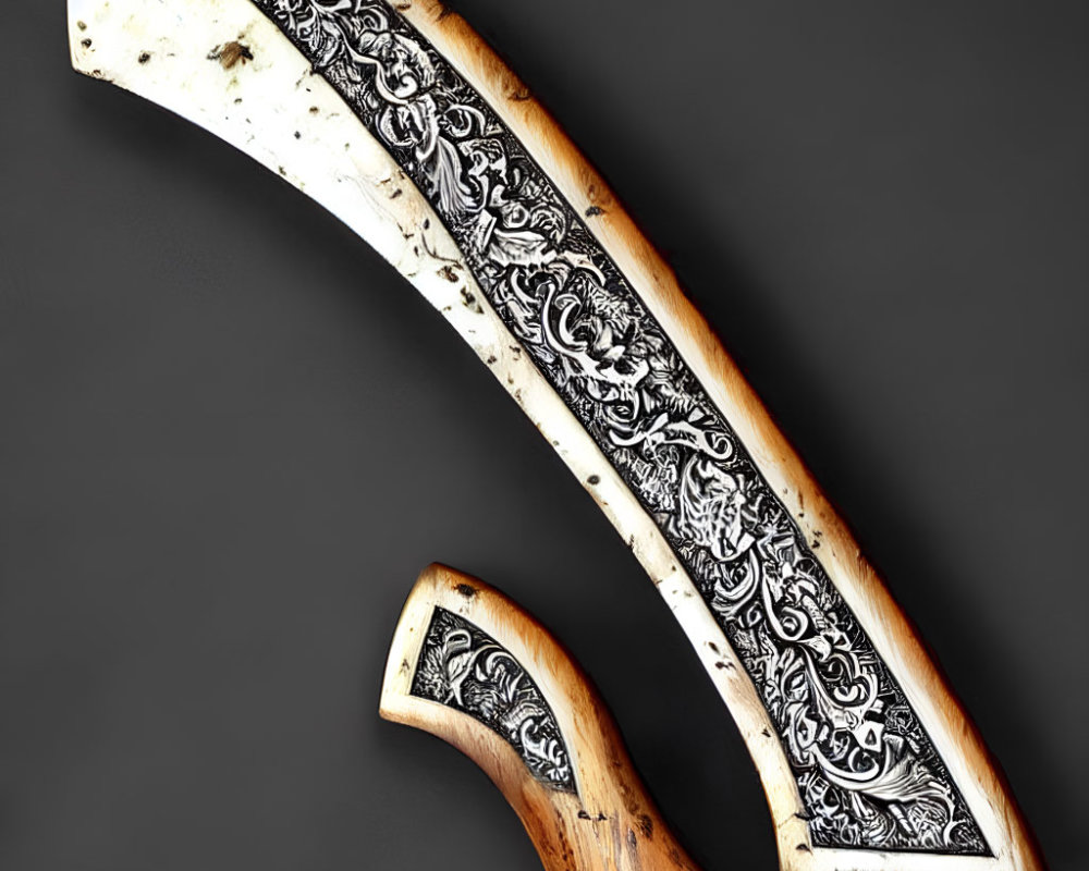 Intricate Black and White Patterned Curved Knife with Wooden Handle