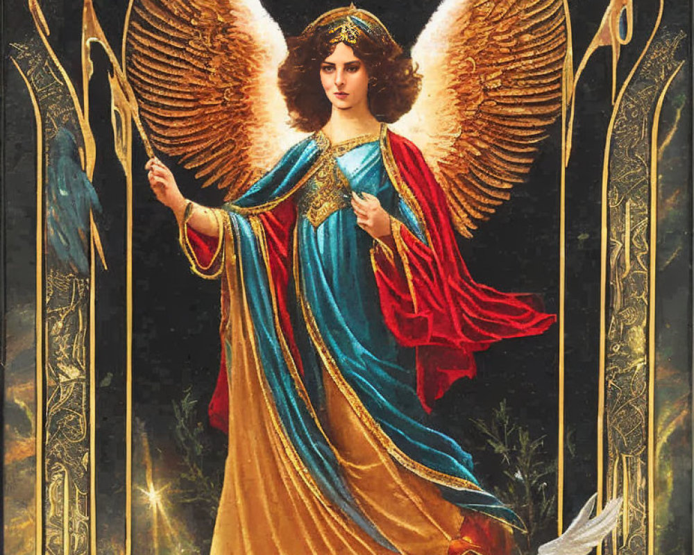 Detailed angelic figure with sword and wings in golden, blue, and red robe against starry backdrop