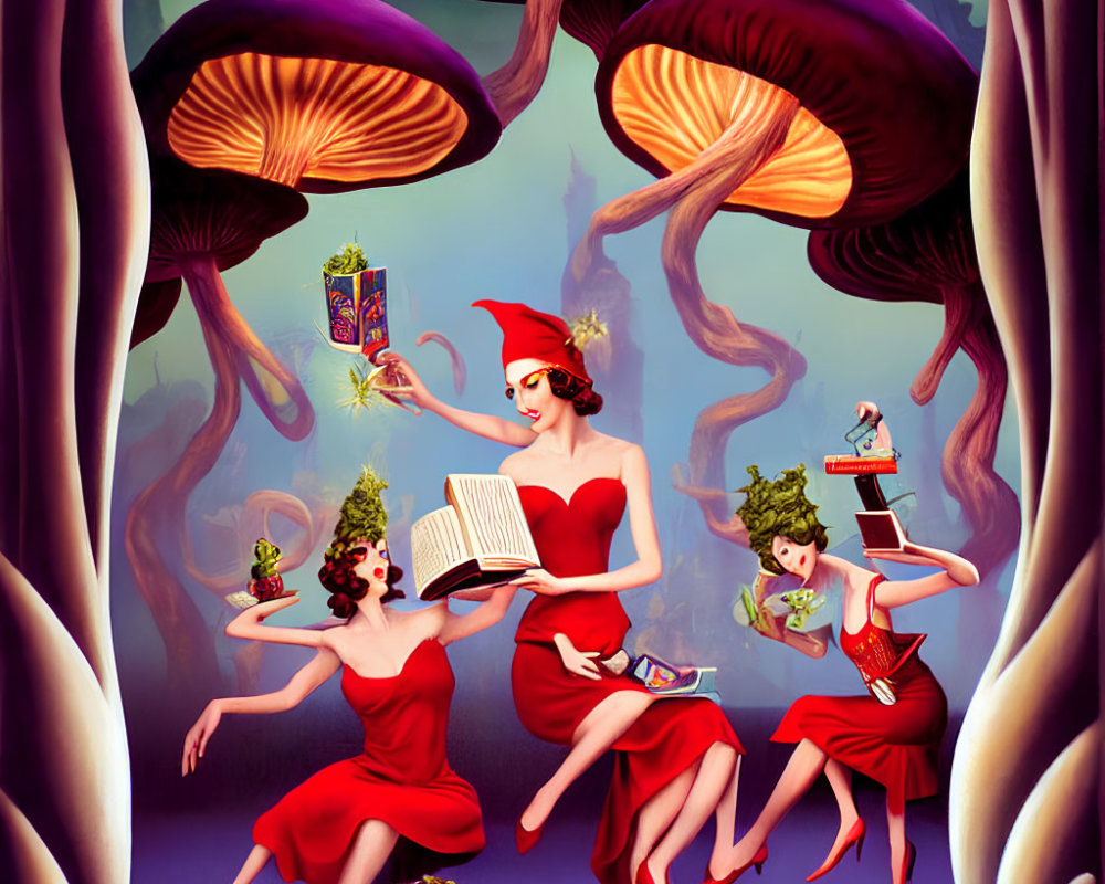 Three women in red dresses with tree-like hair, accompanied by floating jellyfish and unique accessories.