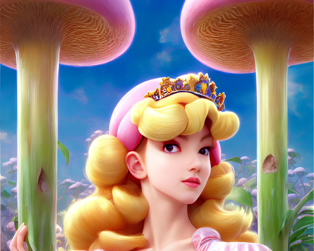 Stylized Princess Peach illustration with whimsical mushrooms and blue sky