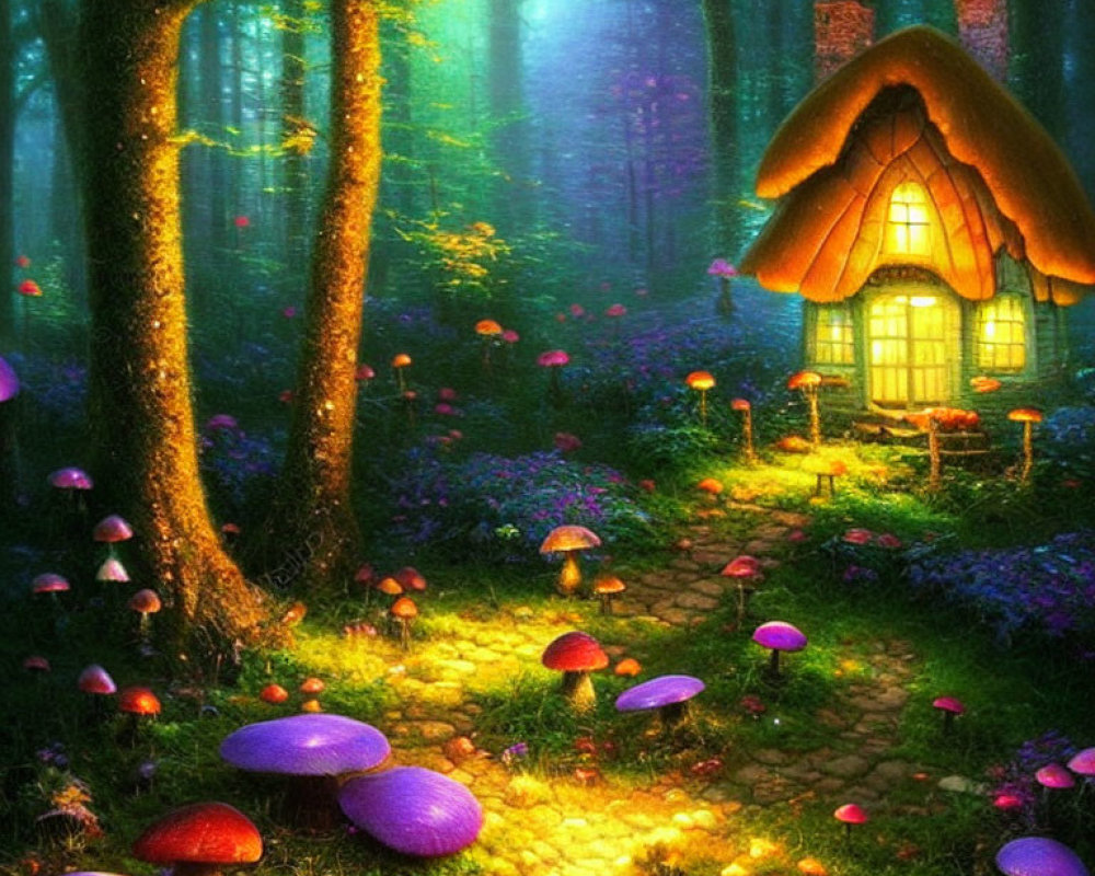 Enchanted forest cottage with thatched roof and vibrant mushrooms