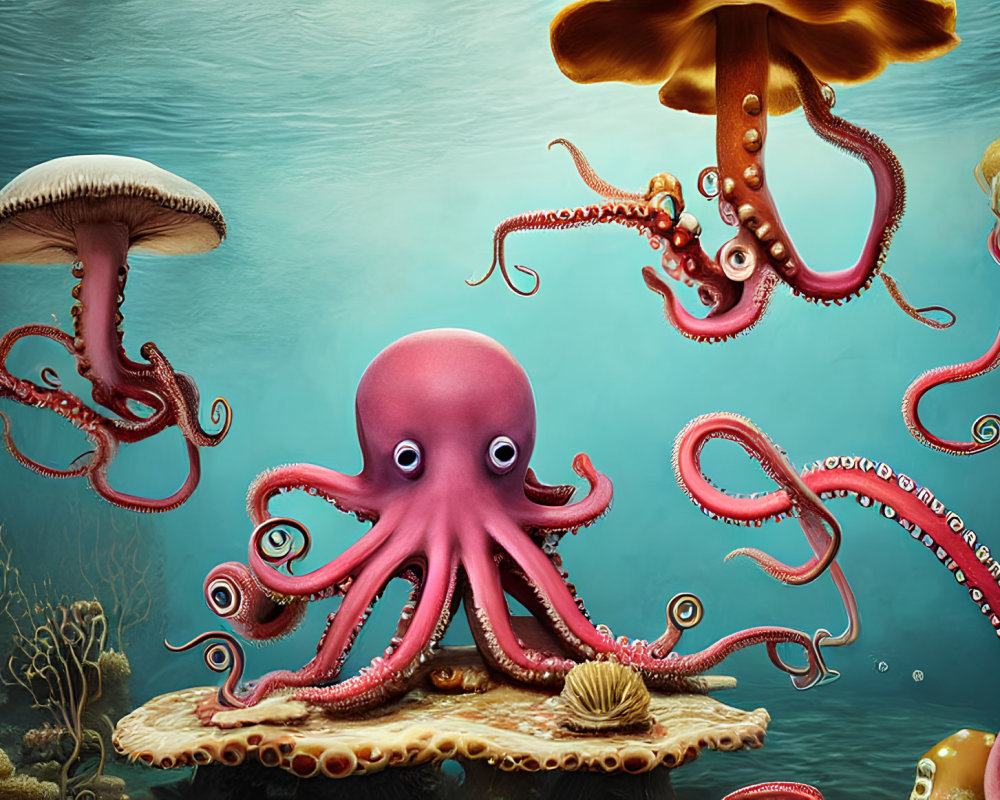 Colorful Cartoon Underwater Scene with Pink Octopus, Jellyfish, and Sea Plants