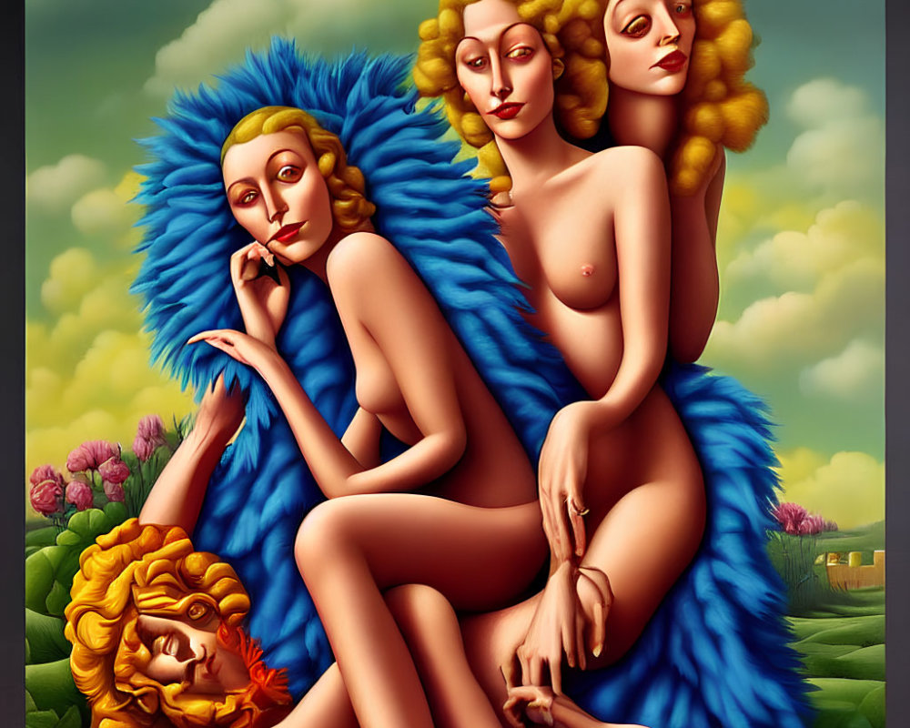 Stylized women with golden hair in blue feather boa against floral backdrop