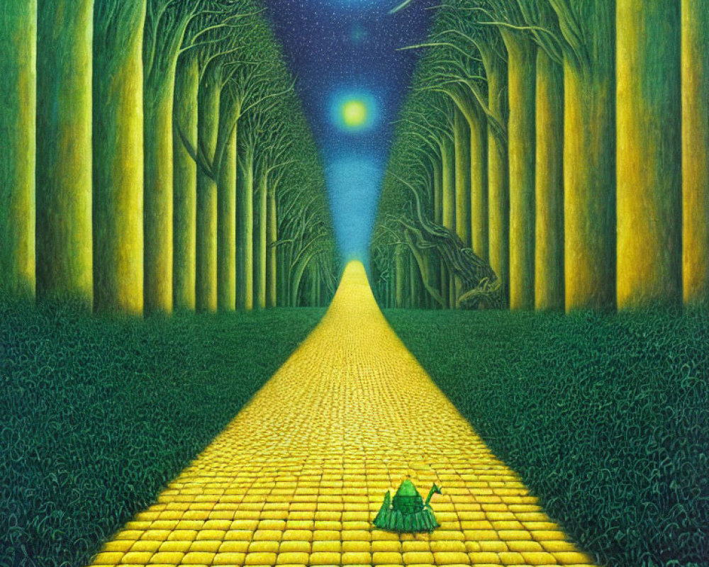 Colorful Yellow Brick Road in Mystical Forest with Figure