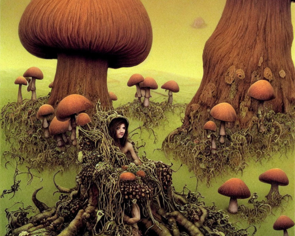 Surreal landscape featuring oversized mushrooms and person merged with forest floor