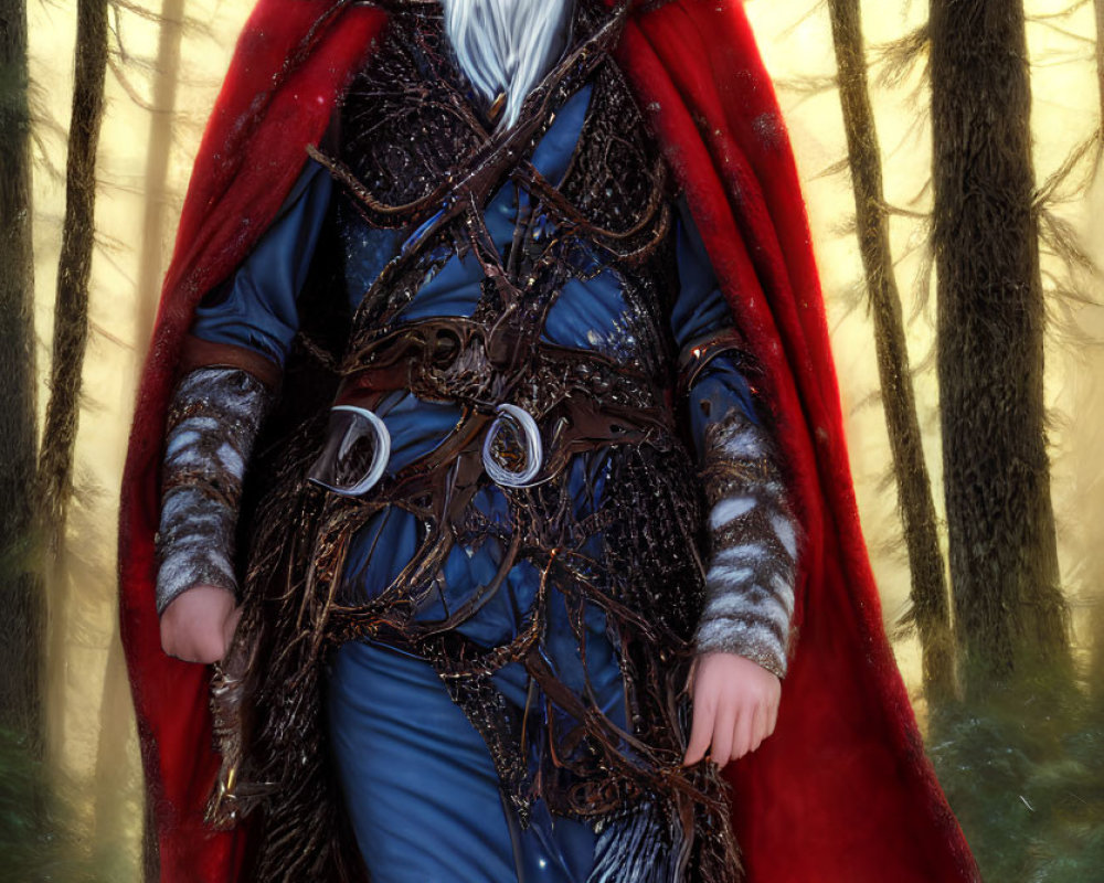 Majestic bearded fantasy character in red cloak and blue armor in sunlit forest