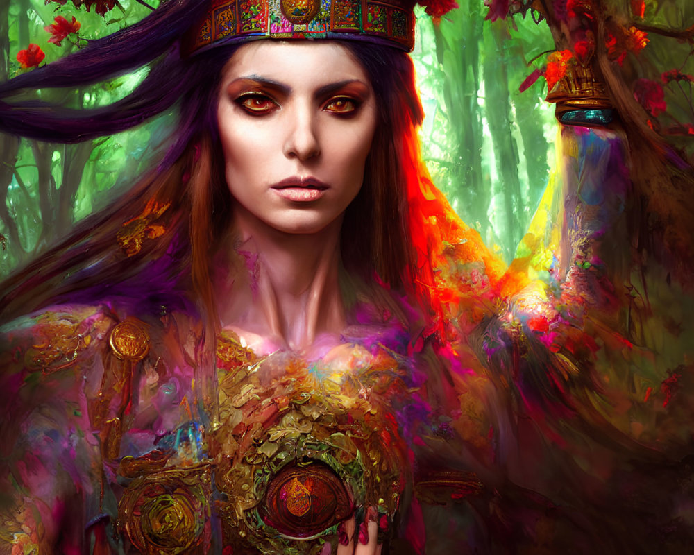 Fantasy portrait of woman with elaborate headdress in vibrant forest.