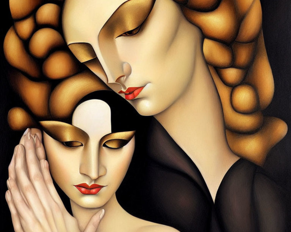 Stylized figures with golden masks and red lips embracing on black backdrop