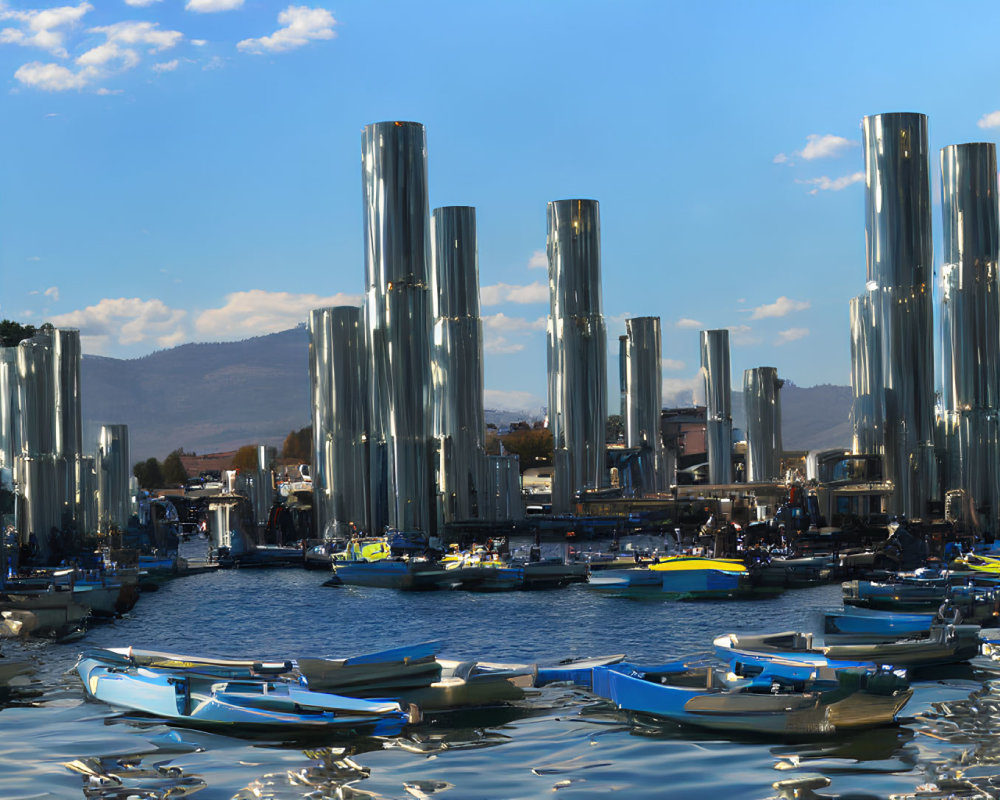 Tall Reflective Cylindrical Sculptures in Marina Scene