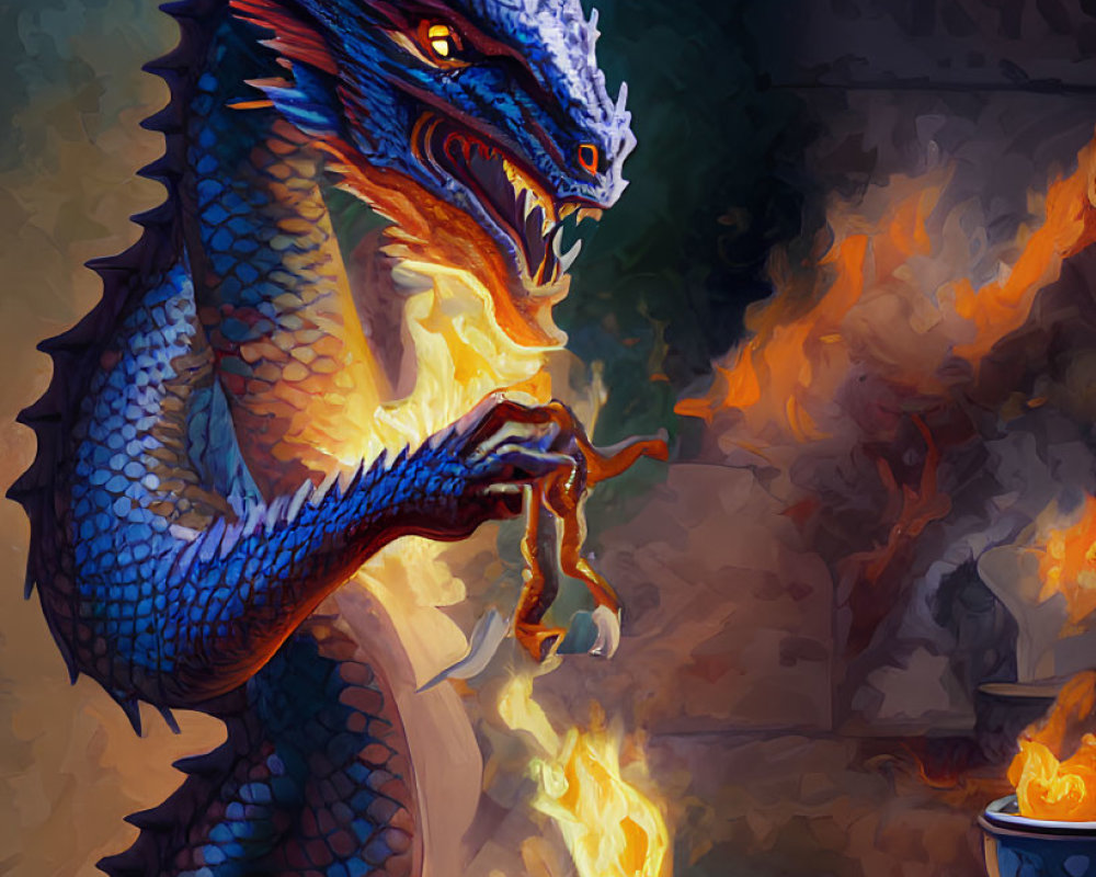 Detailed illustration of a fierce blue dragon cooking with fire-breath