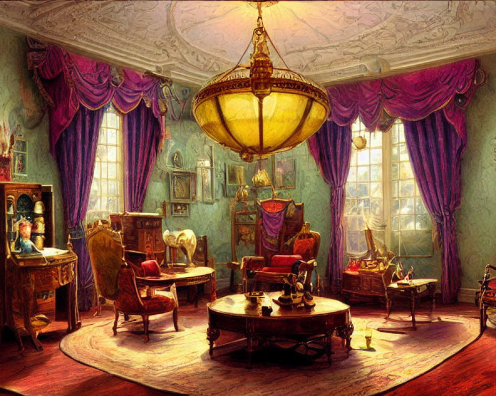 Opulent Victorian-style room with purple walls, antique furniture, chandelier, and ornate decorations