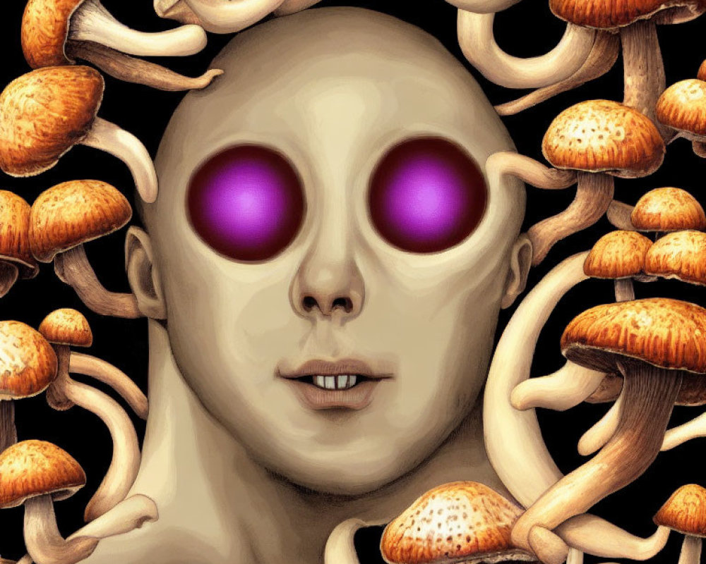 Surreal illustration of face with purple eyes in mushroom-filled scene