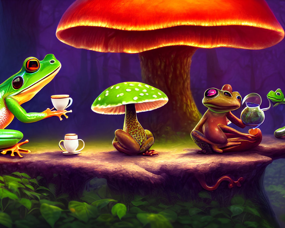 Whimsical frogs tea party under large mushroom in mystical forest