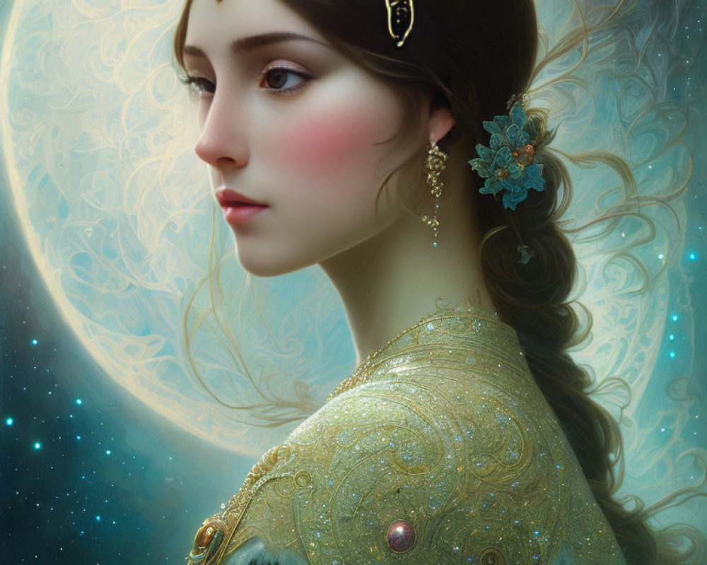 Ethereal woman with fantasy jewelry in celestial setting