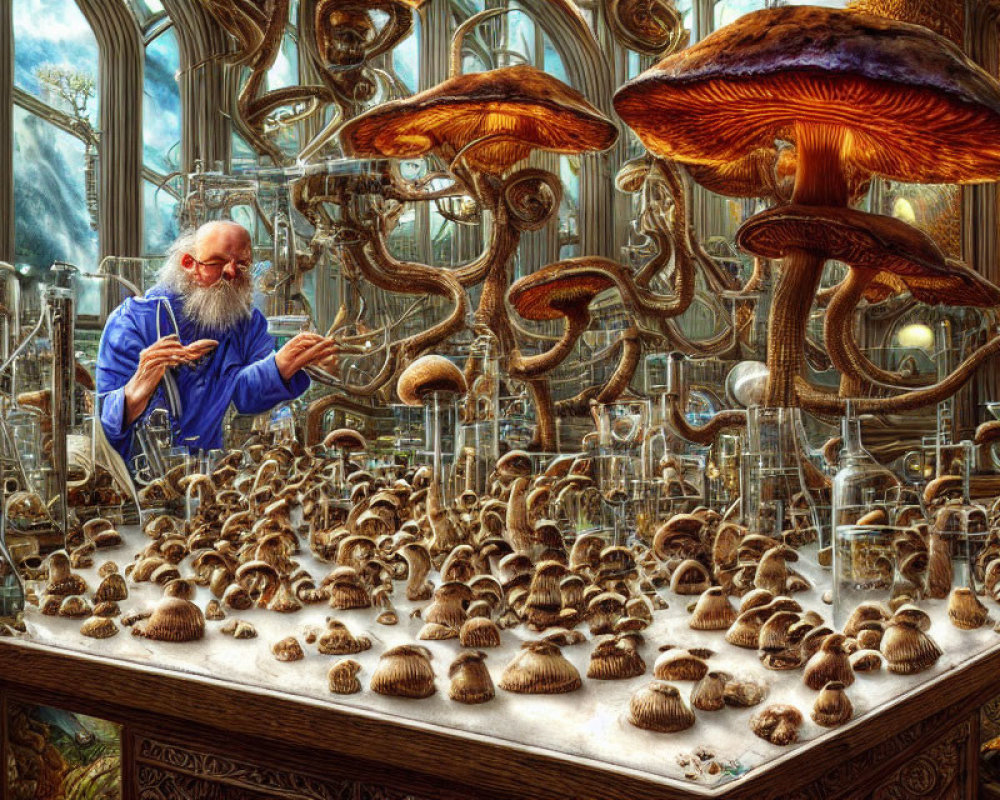 Elderly man in fantastical laboratory with oversized mushrooms