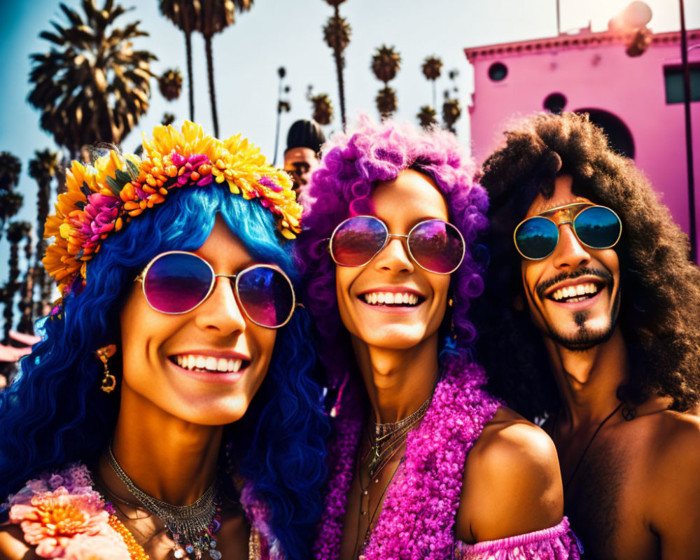 Colorful People with Retro Outfits and Sunglasses Smiling