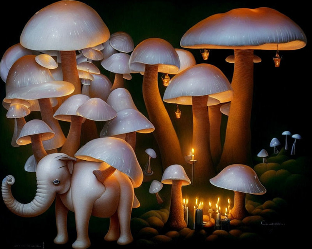 Illustrated Baby Elephant with Glowing Mushrooms and Candles