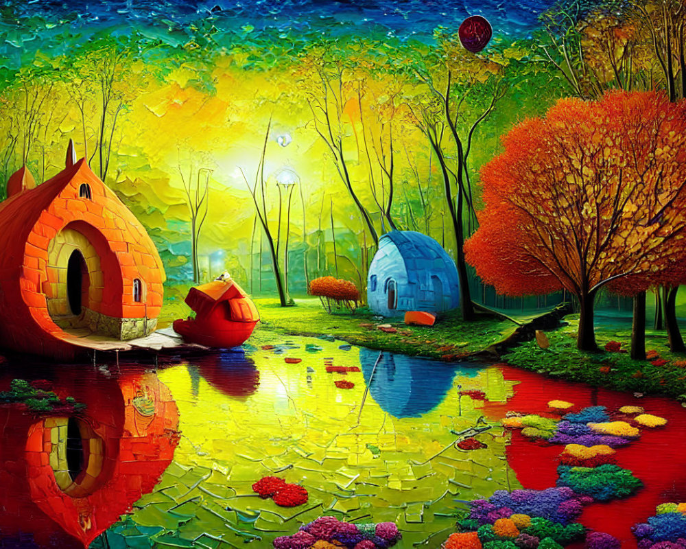 Colorful Landscape with Whimsical Snail-Shaped Houses and Reflective Pond