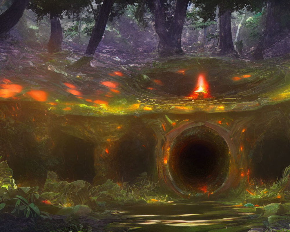 Mystical forest scene with glowing red portal and vibrant vegetation