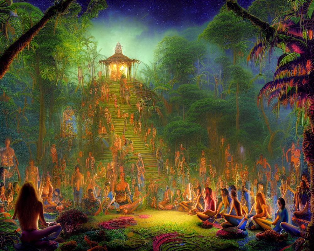 Mystical gathering in lush jungle with temple under starry sky