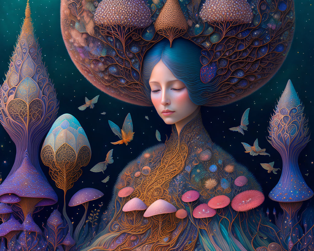 Surreal illustration: woman with blue hair in mystical forest.