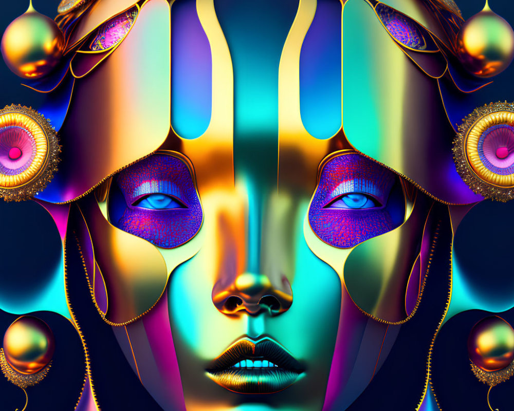 Colorful digital artwork of surreal metallic face with golden details.