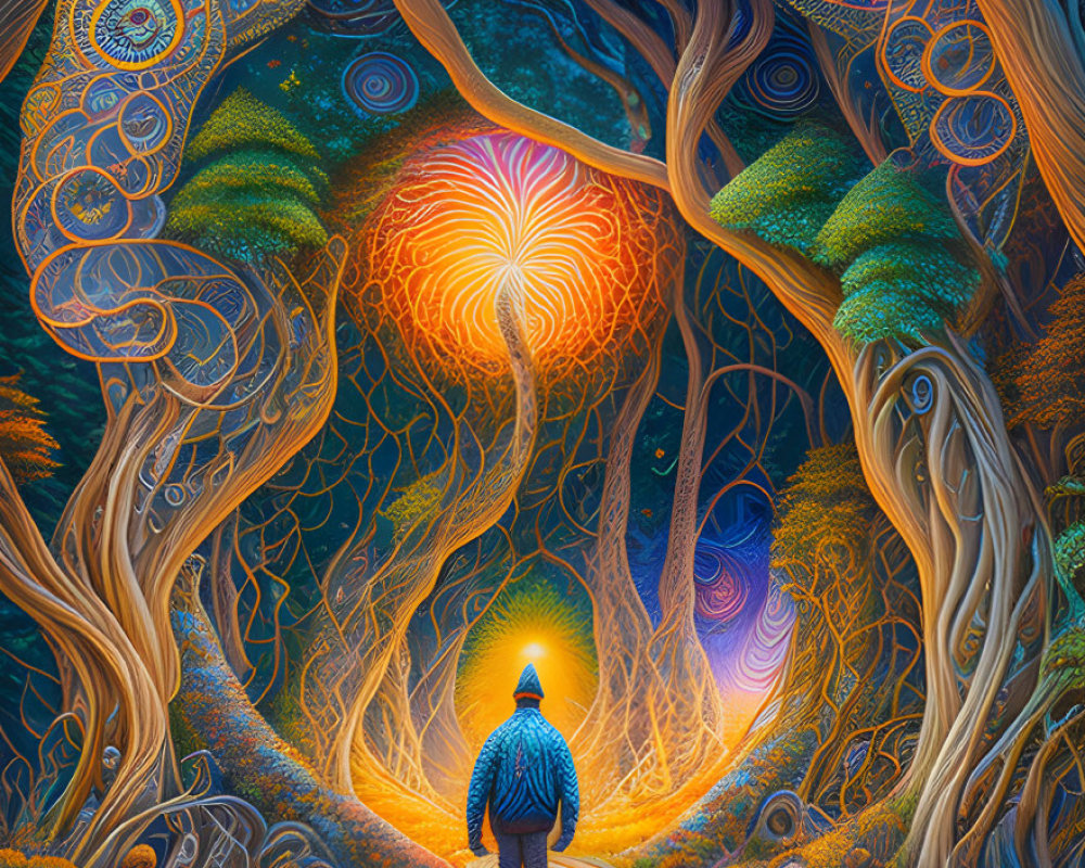 Person standing on vibrant, psychedelic forest path with intricate trees and glowing sky