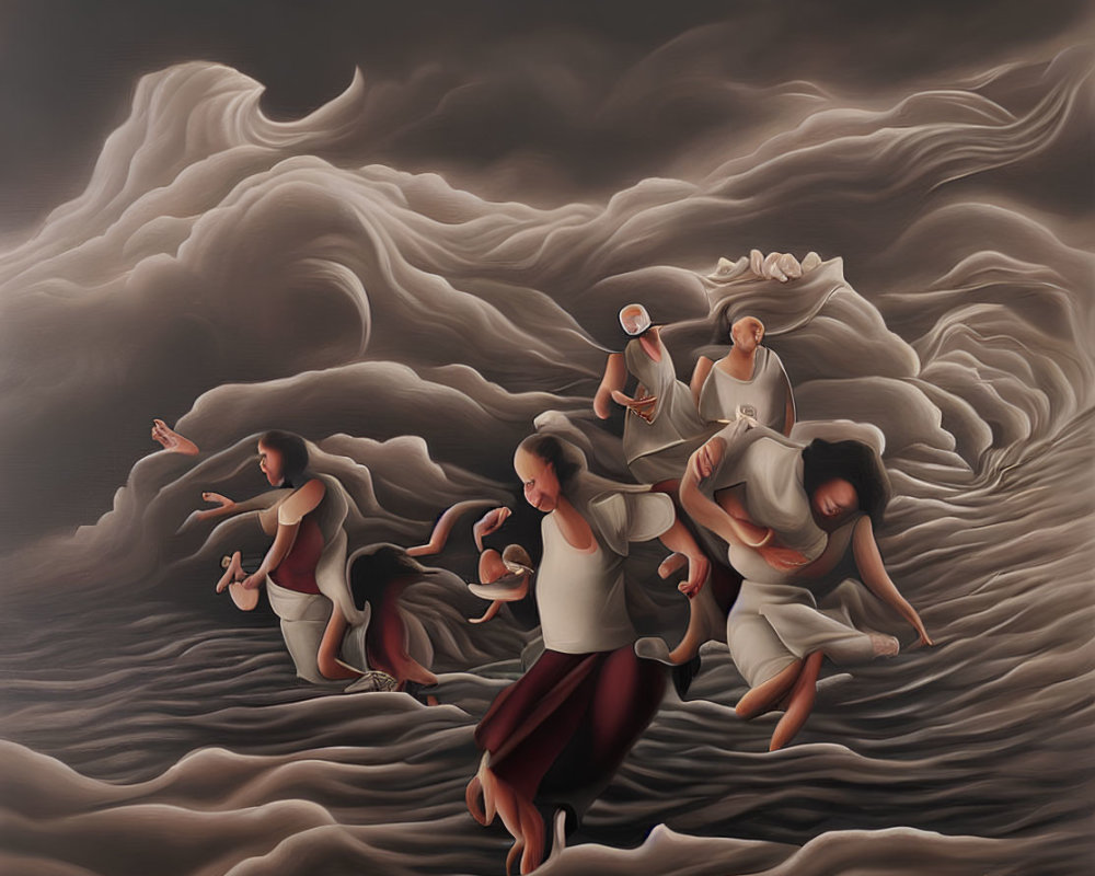 Surreal painting of people with obscured faces in cloud wave