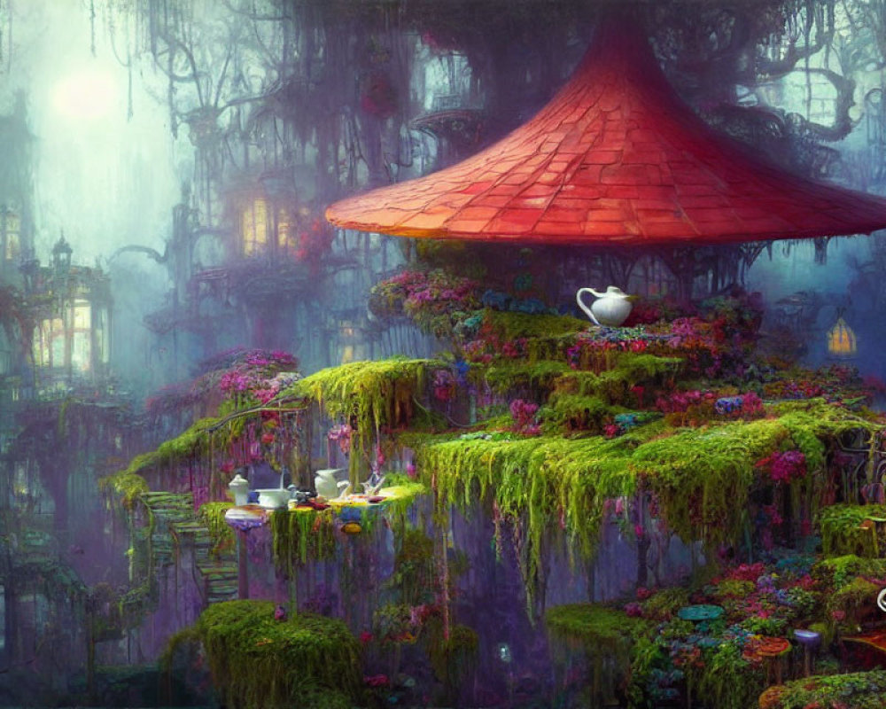 Vibrant digital forest scene with mushroom structure and teapots