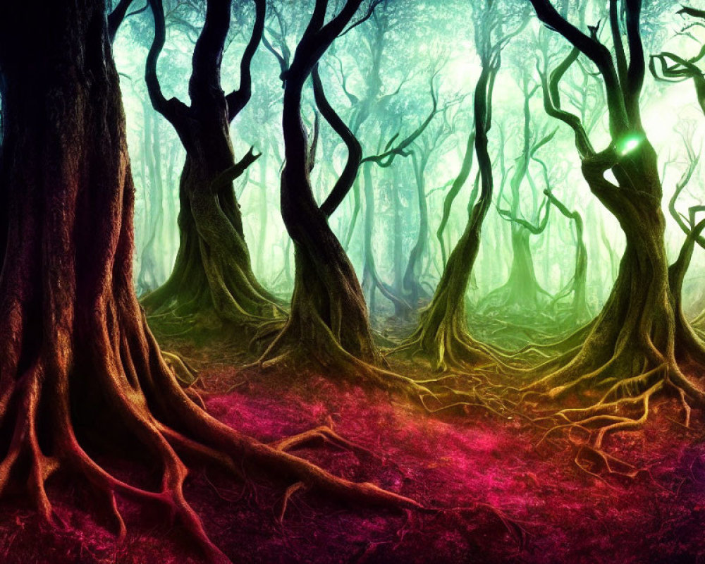 Vibrant green and purple mystical forest scene with twisted tree trunks