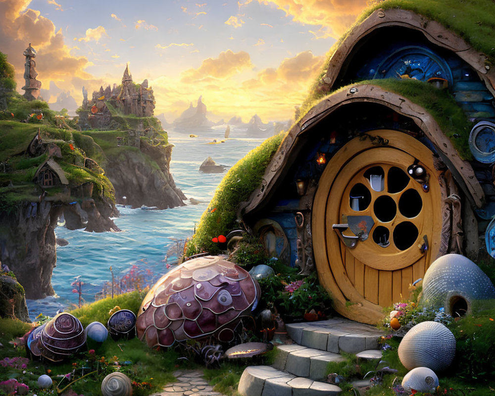 Fantasy landscape with hobbit-style door, colorful vegetation, and egg-shaped sculptures at sunset