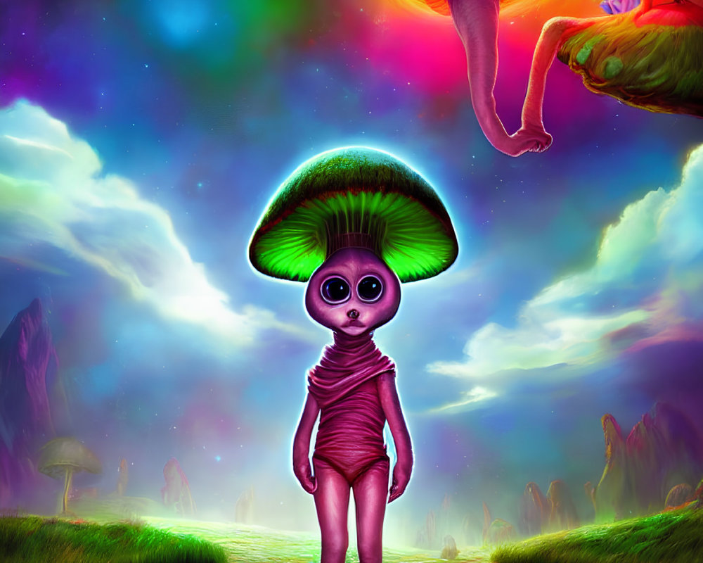 Vibrant digital artwork: alien with mushroom cap head in surreal landscape