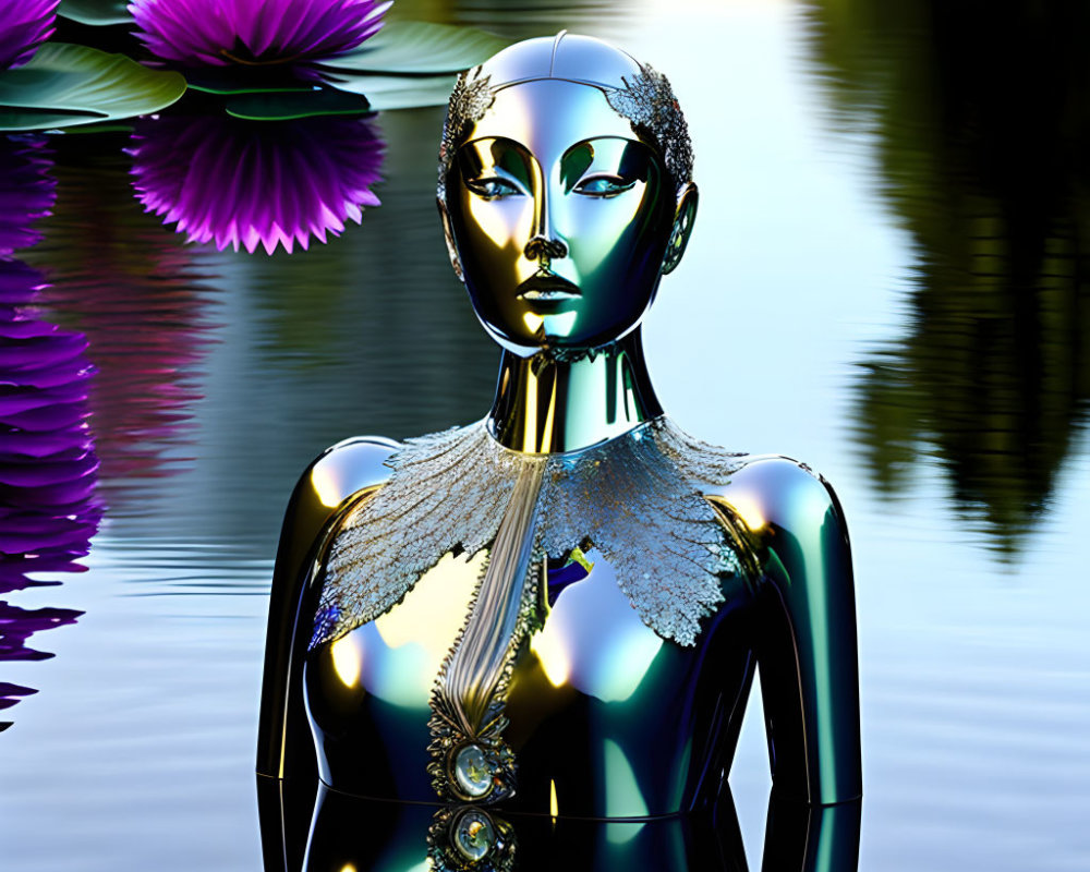 Metallic mannequin with feminine features and intricate detailing against reflective water background with pink lotus flowers