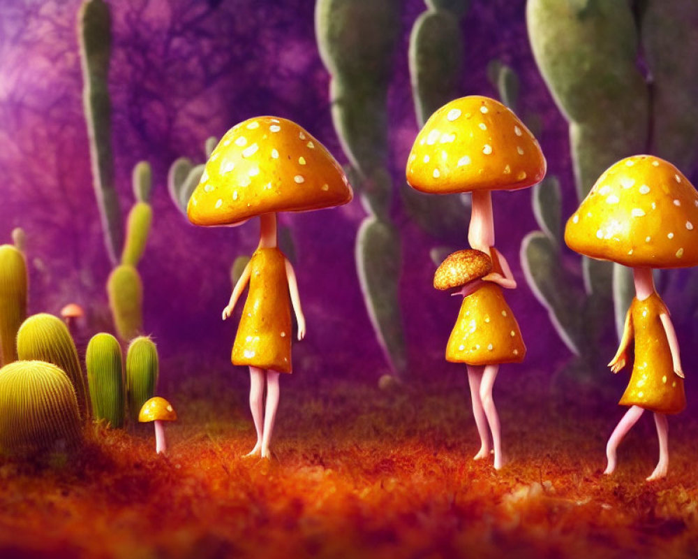 Fantasy illustration: humanoid figures with mushroom cap heads in surreal purple landscape