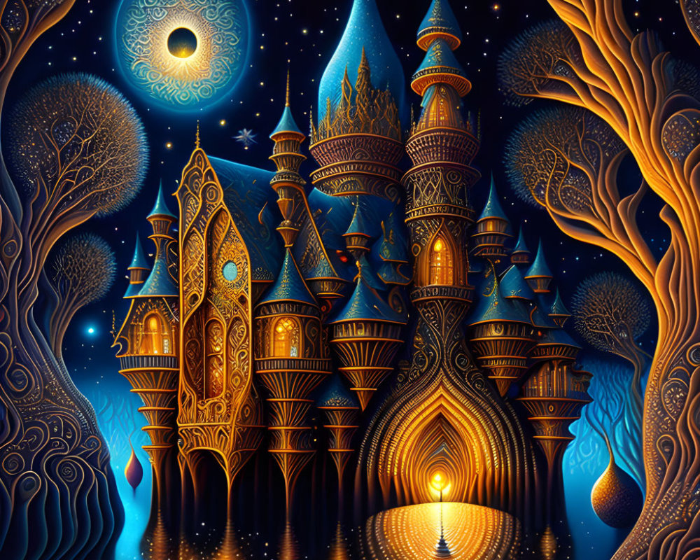 Fantastical castle in starry night sky with whimsical trees and glowing orbs