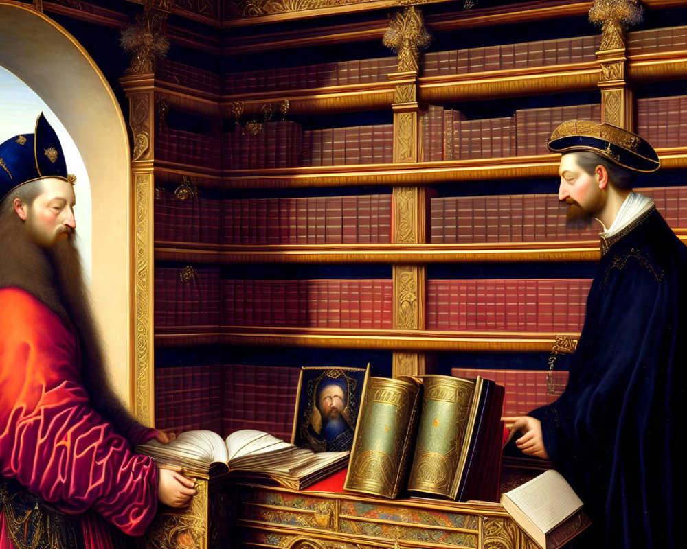 Historical painting of two scholarly figures with large book and hidden portrait