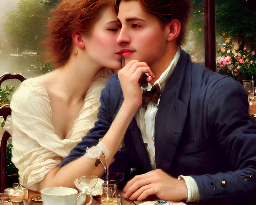 Classical painting of woman embracing man with tea and letter in natural setting