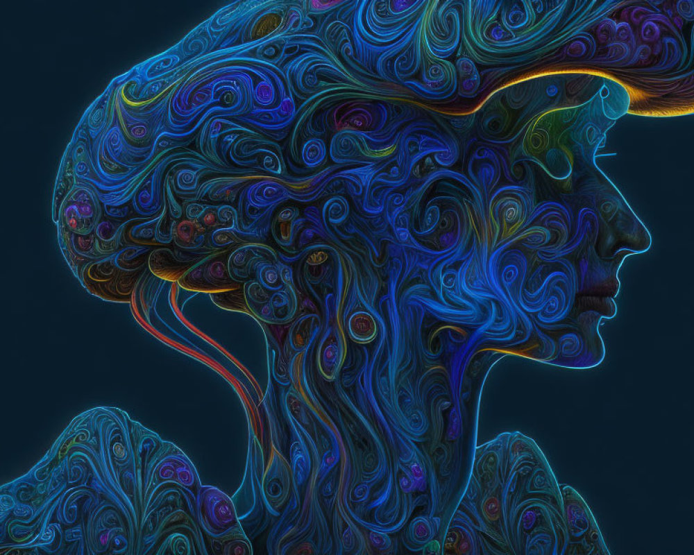 Abstract digital profile with colorful swirling patterns on dark background.