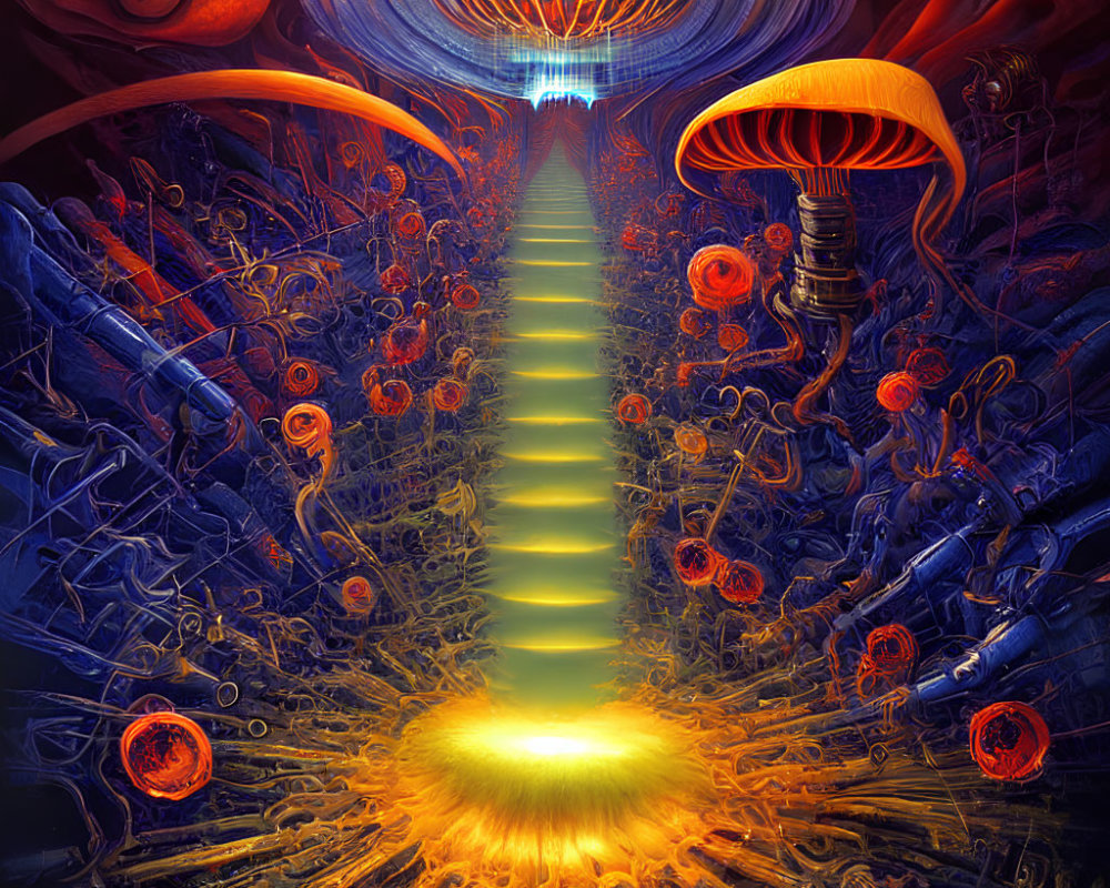 Surreal digital artwork: Vibrant yellow pathway, blue portal, orange jellyfish, mechanical elements