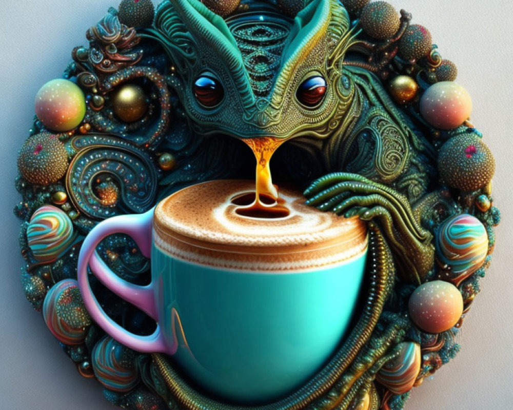 Colorful 3D Artwork: Turquoise Cup & Multi-Eyed Creature Pouring Liquid