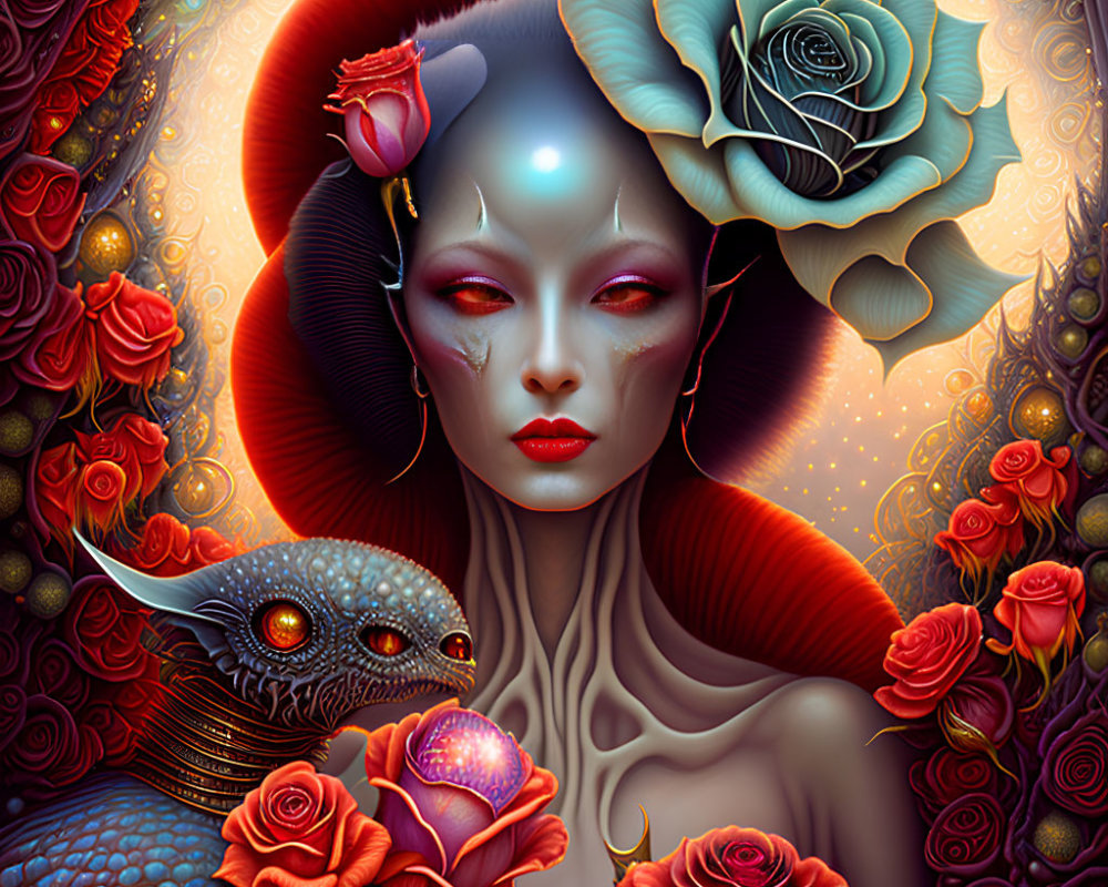 Stylized digital portrait of woman with floral and celestial motifs and dragon creature holding gem