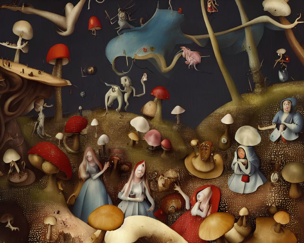 Surreal painting featuring human figures, animals, and oversized mushrooms in dark, dreamlike setting