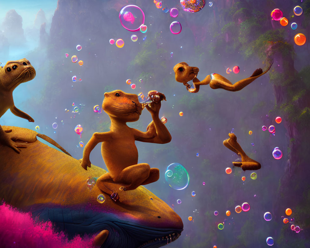 Playful Otters Floating Among Colorful Bubbles in Whimsical Scene