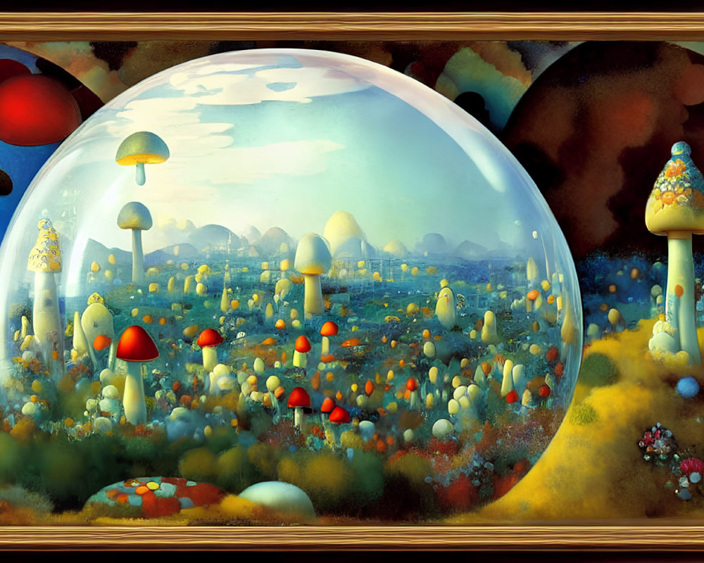 Colorful Mushroom Landscape Under Transparent Dome in Surreal Setting